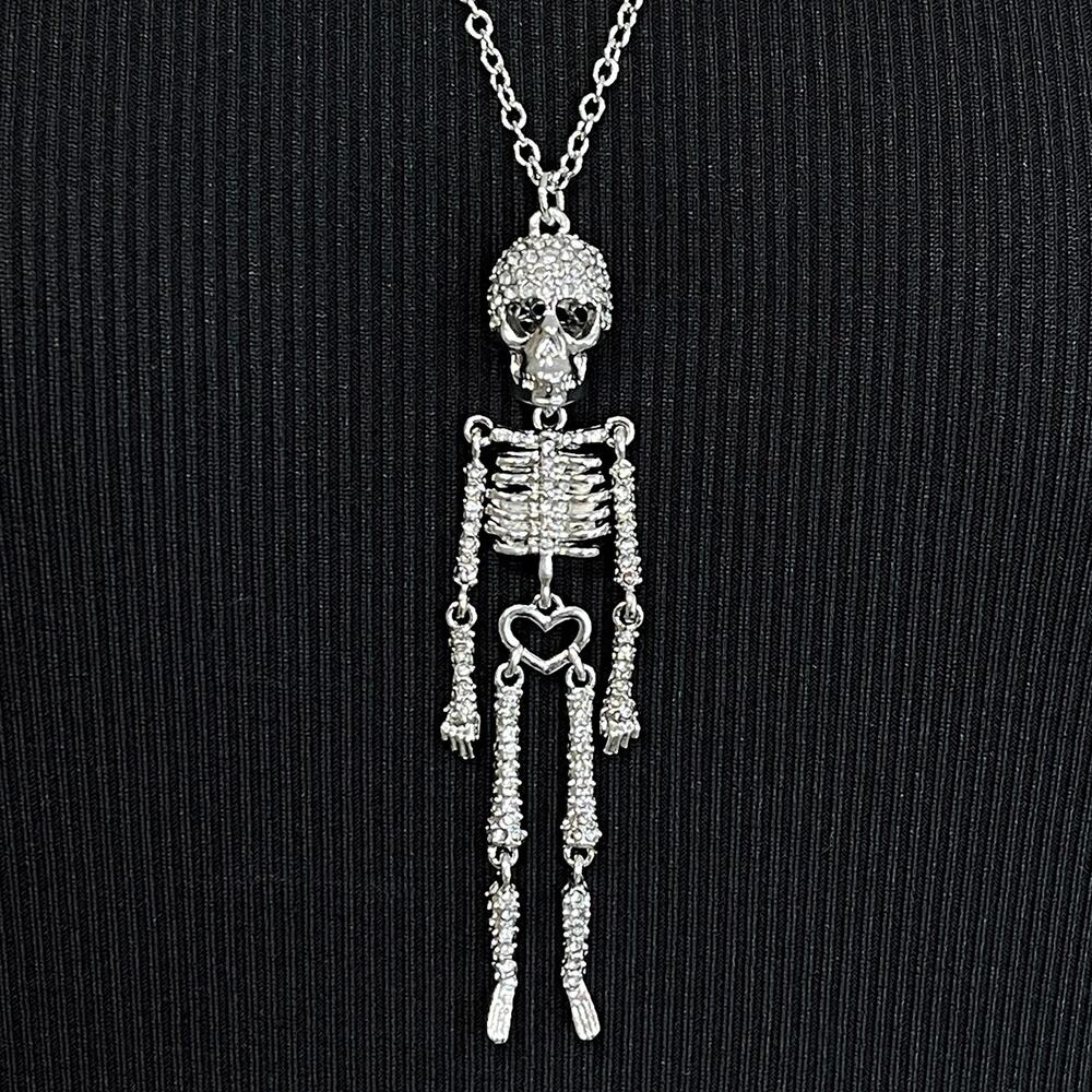 Betsey Johnson Crystal Skeleton Necklace New $58 Halloween Silver Rhinestones - Picture 4 of 8